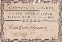 France 5 Sous - Gers - Caisse Patriotique Commune de Touget - 1792