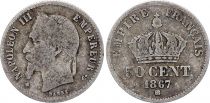 France 50 Centimes Napoleon III - 1867 BB Strasbourg - Argent