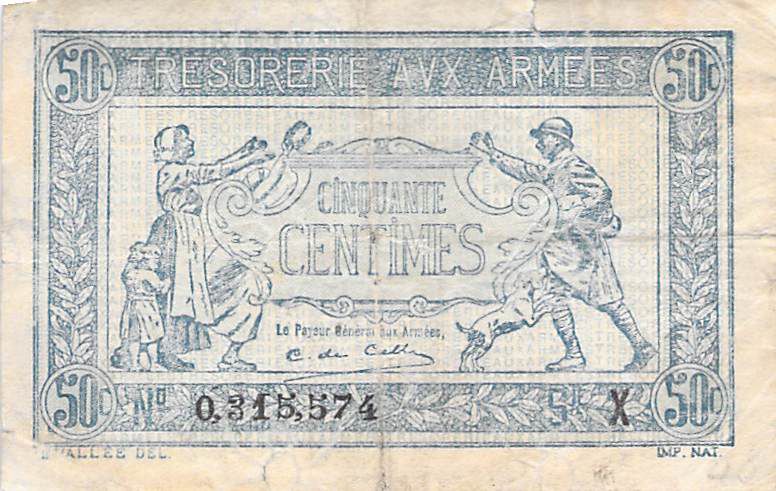 Banknote France 50 Centimes Soldier And Family 1919 Serial X Vg To F