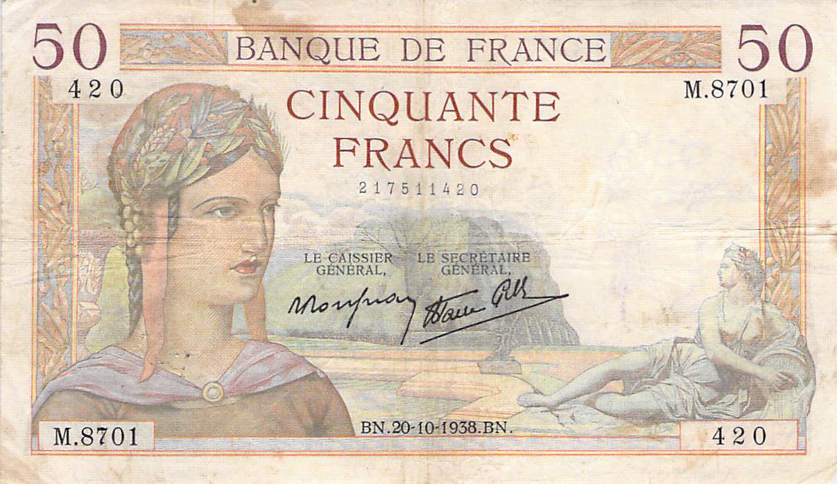 Billet France 50 Francs Cérès 20101938 Série M.8701 TB+