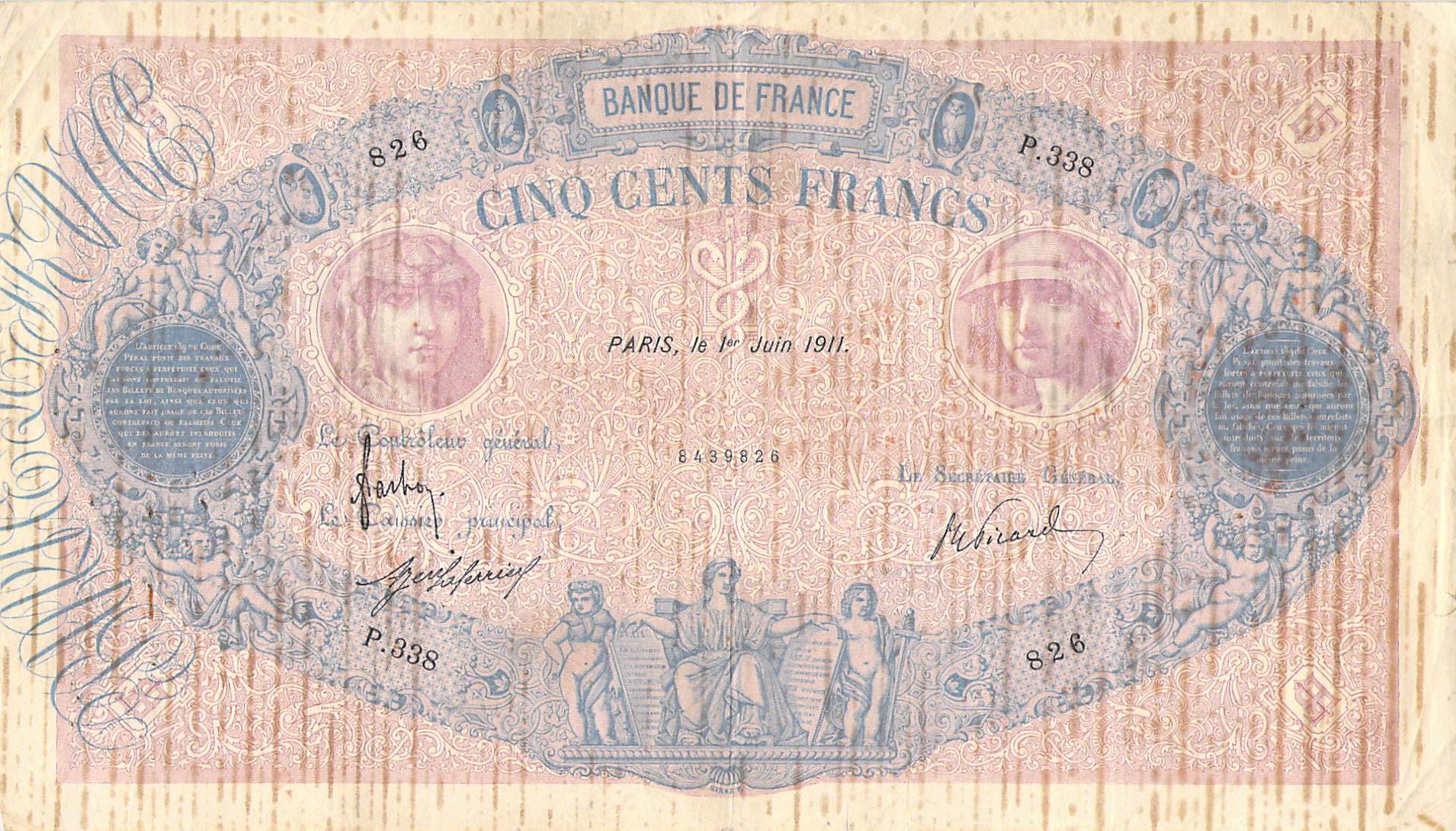 Banknote France 500 Francs Pink And Blue 01 06 1911 Serial P 338 F