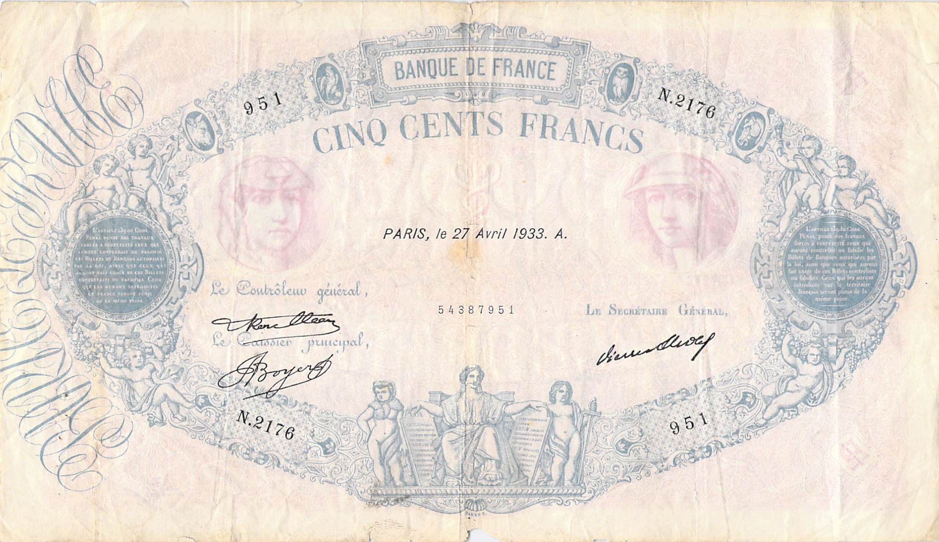 Banknote France 500 Francs Pink And Blue 27 04 1933 Serial N 2176 Vg To F