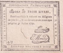 France Bon de trois livres - Seine Maritime - Association Patriotique - 1792