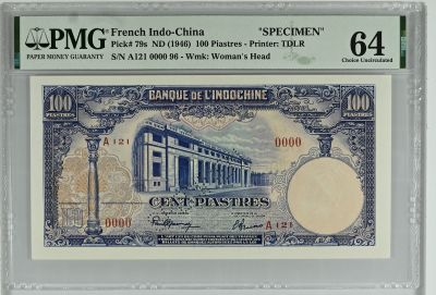 Banknote French Indo-China 100 Piastres - Bank - Boat - Specimen - P.79s -  PMG 64