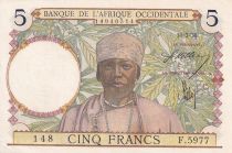 French West Africa 5 Francs - Coffee - Man weaver - 10-03-1938 - Serial F.5977 - Number 148