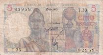 French West Africa 5 Francs - Woman, fishermen - 17-08-1943 - Serial T.33