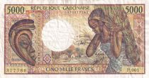 Gabon 5000 Francs mask, young woman - 1983-1991 - Serial P.001-377788