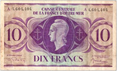 Banknote Guadeloupe 10 Francs Marianne A 4 604 404 1944