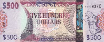 Guyana 500 Dollars   Map Of Guyana   Nd  2018    Serial  At   P37b P Image 148408 Moyenne 