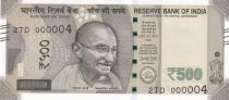 Inde 500 Rupees, Mahatma Gandhi - 2017 Série 2TD - Petit numéro 000004