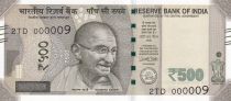 Inde 500 Rupees, Mahatma Gandhi - 2017 Série 2TD - Petit numéro 000009