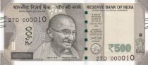 Inde 500 Rupees, Mahatma Gandhi - 2017 Série 2TD - Petit numéro 000010