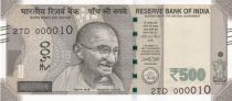 India 500 Rupees, Mahatma Gandhi - 2017 Serial 2TD - low number 000010