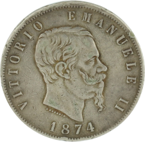 Italie 5 Lire - Victor Emmanuel II - Armoiries - 1874 M - Argent