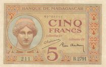 Madagascar 5 Francs - Goddess Juno - 1937 - Sign. Chaudun - Serial R.2791