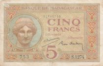 Madagascar 5 Francs - Goddess Juno - 1937 - Sign. Chaudun - Serial S.1274