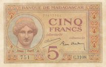 Madagascar 5 Francs - Goddess Juno - 1937 - Sign. Chaudun - Série C.3108