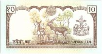 Nepal 10 Rupees, Kg Birendra Bir Bikram, temple - Antelopes - 1987 - P.31 b