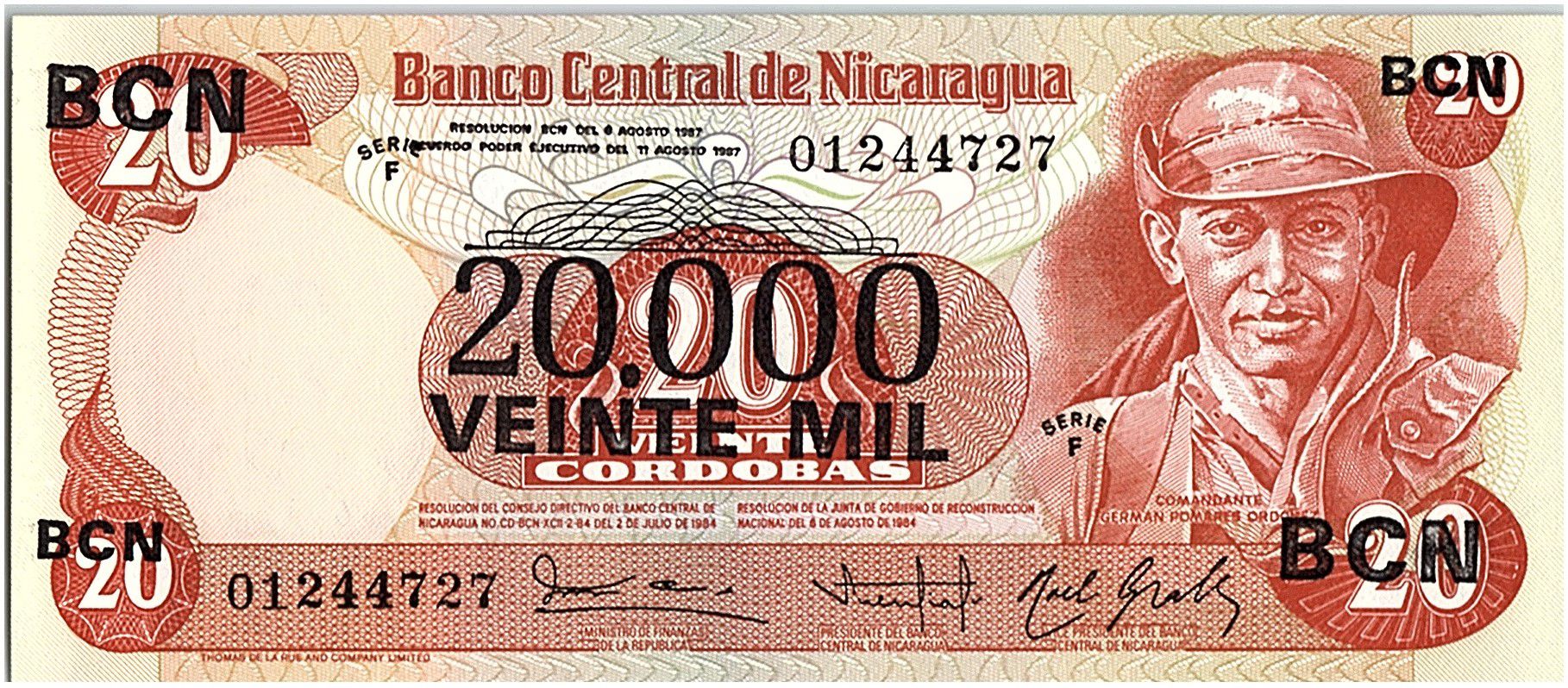 Banknote Nicaragua 20000 Cordobas On 20 Cordobas German Pomares Ordonez 1987