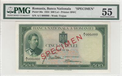 Banknote Romania 500 Lei - Carol II - 1934 - Specimen - PMG 55 - P.36s