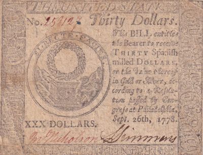 Banknote USA 30 Dollars Continental Colonial Currency - Philadelphia ...